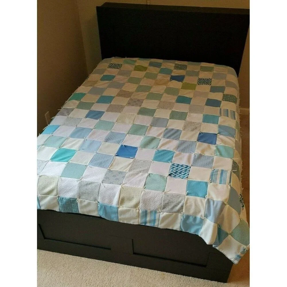 1970s‎ Handmade Patchwork Quilt Blue White 82x85 Vintage Blue White